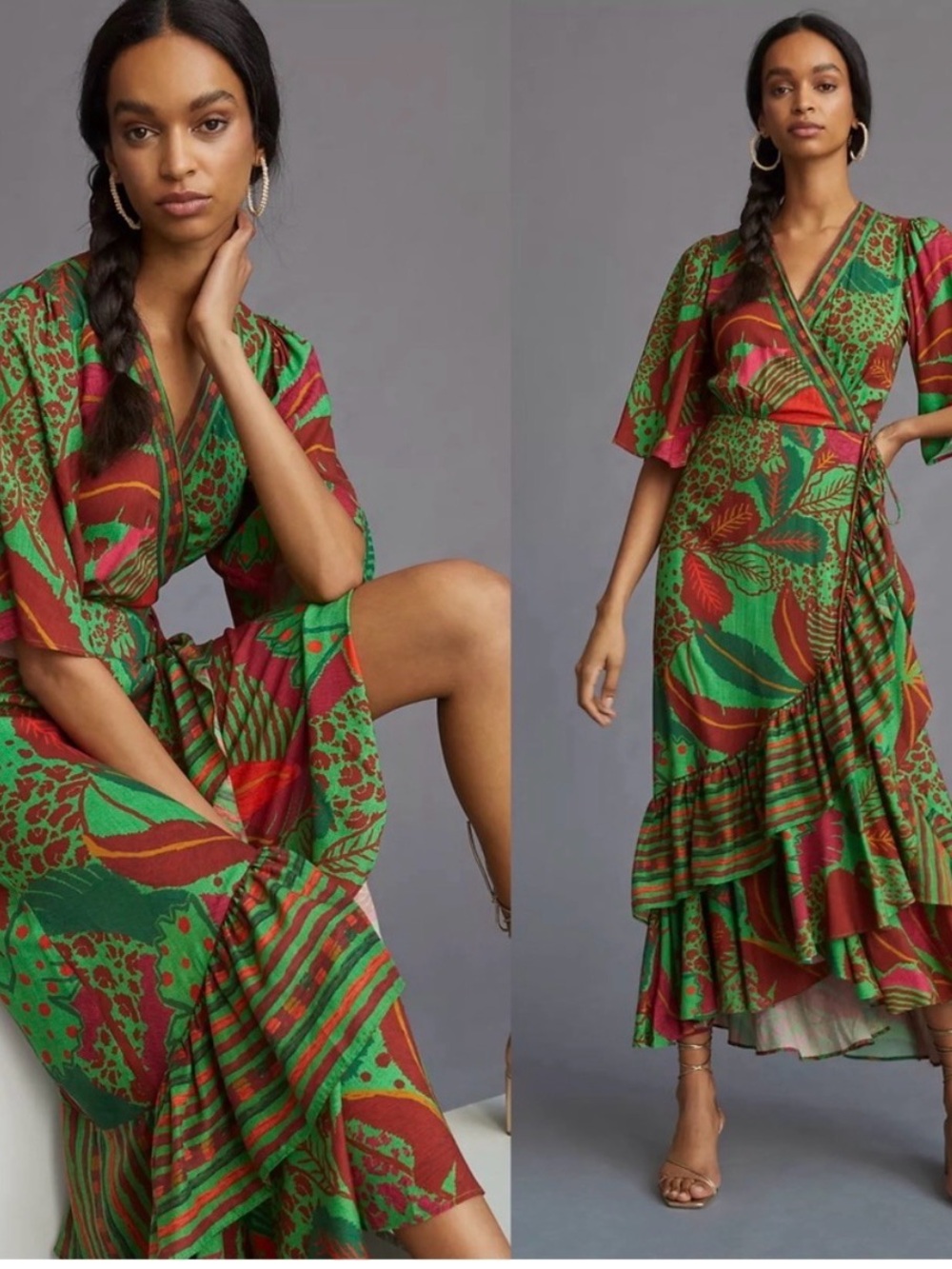 Farm Rio Tropical Floral Wrap Dress in Green & Red